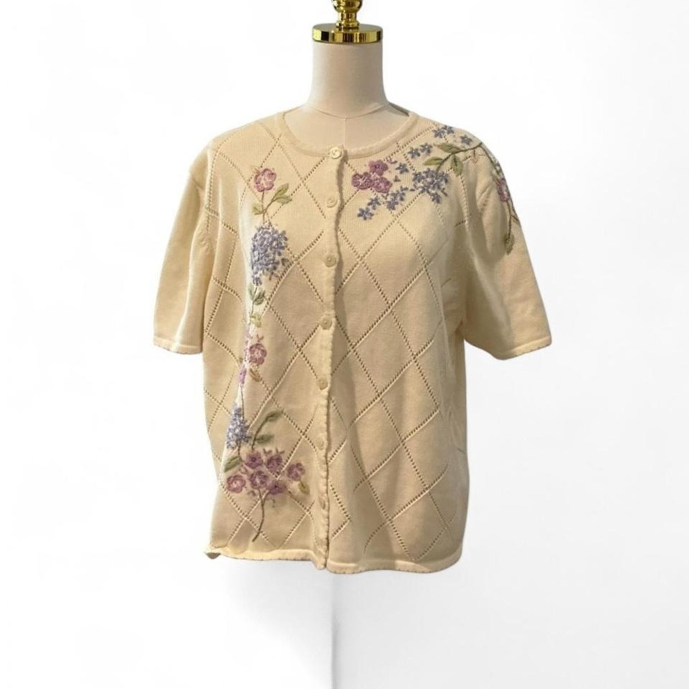 Alfred Dunner Cardigan Women XL Cream Excellent Floral Embroidered Pointelle